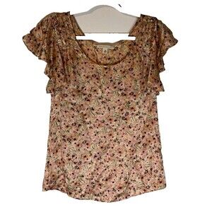Banana Republic Blouse SZ XS 100% Silk Pink Floral Pleated Ruffle Slves Romantic
